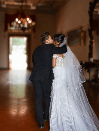 An elegant ballroom setup for a wedding.